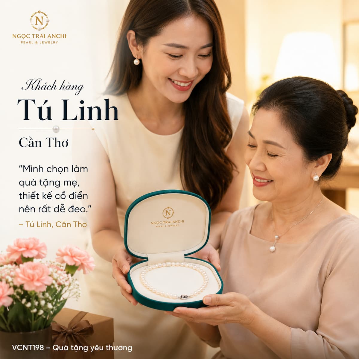 Khách hàng Tú Linh Cần Thơ chọn Vòng Cổ Ngọc Trai VCNT198 làm quà tặng mẹ
