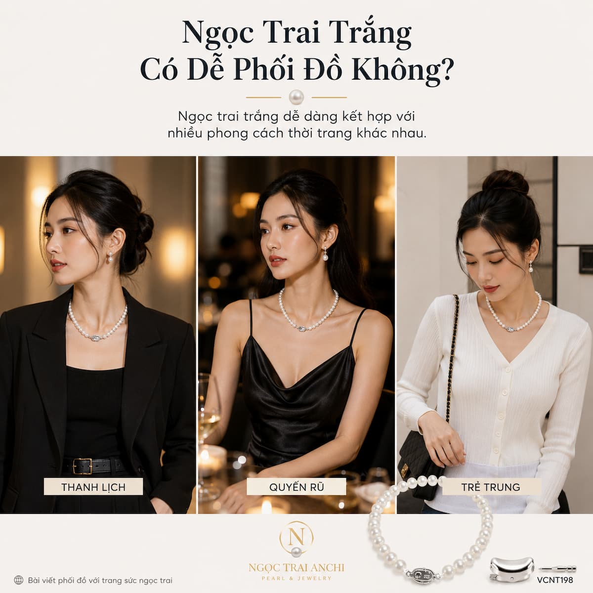 Vòng Cổ Ngọc Trai VCNT198 phối cùng blazer và váy đen thanh lịch