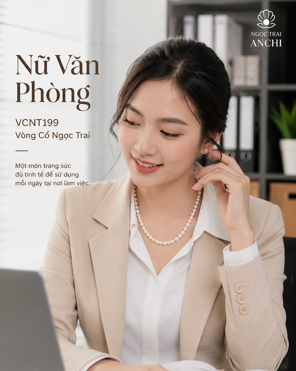 Vòng Cổ Ngọc Trai VCNT199 phối cùng áo sơ mi công sở