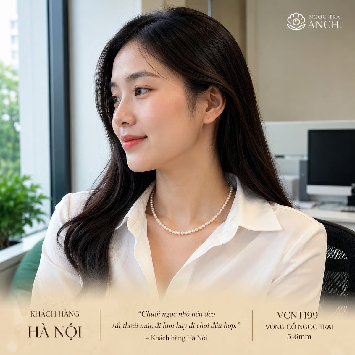 Khách hàng Hà Nội đeo Vòng Cổ Ngọc Trai VCNT199 ngọc trai hạt nhỏ 5–6mm khi đi làm hằng ngày