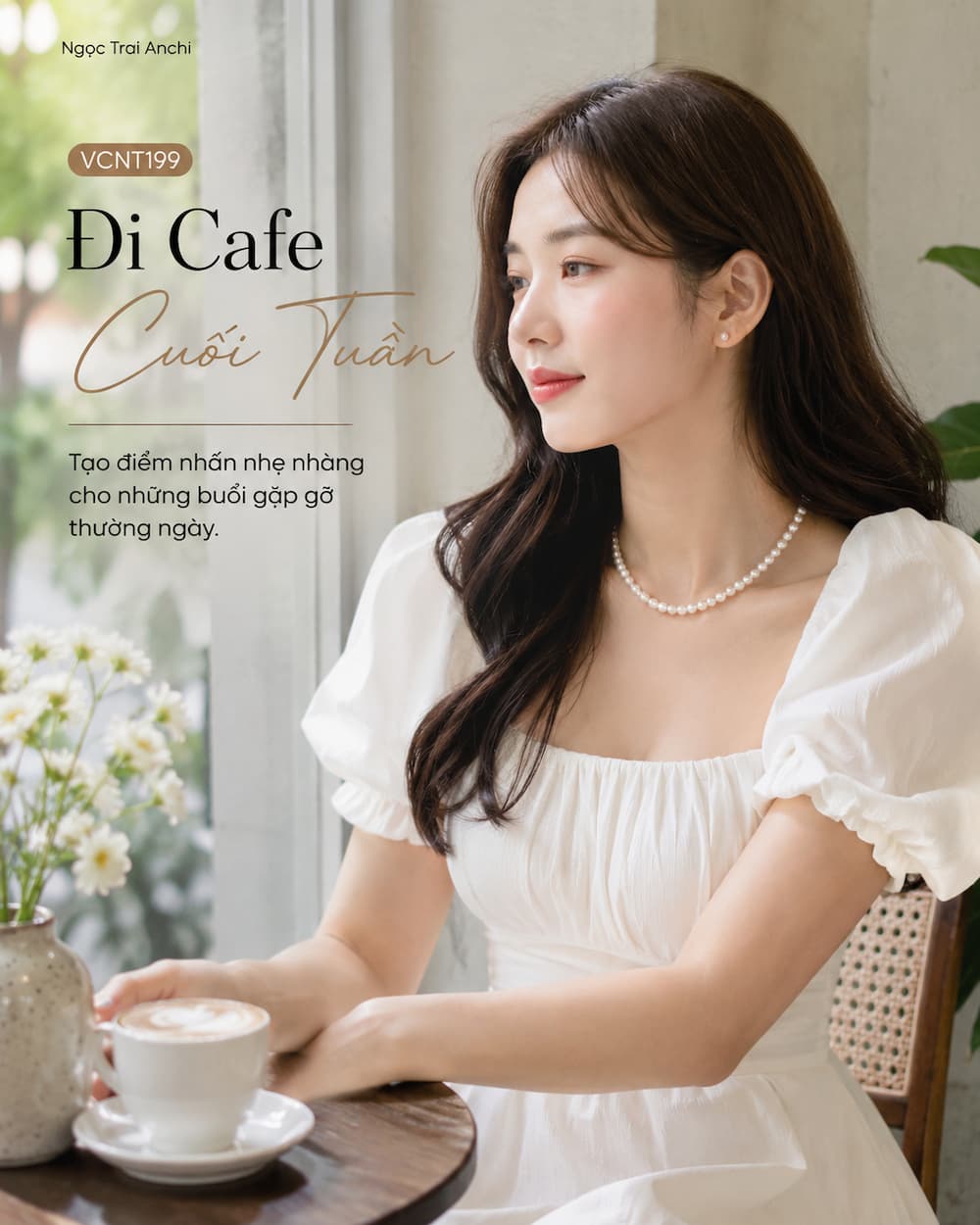 Vòng Cổ Ngọc Trai VCNT199 phối cùng váy trắng đi cafe cuối tuần