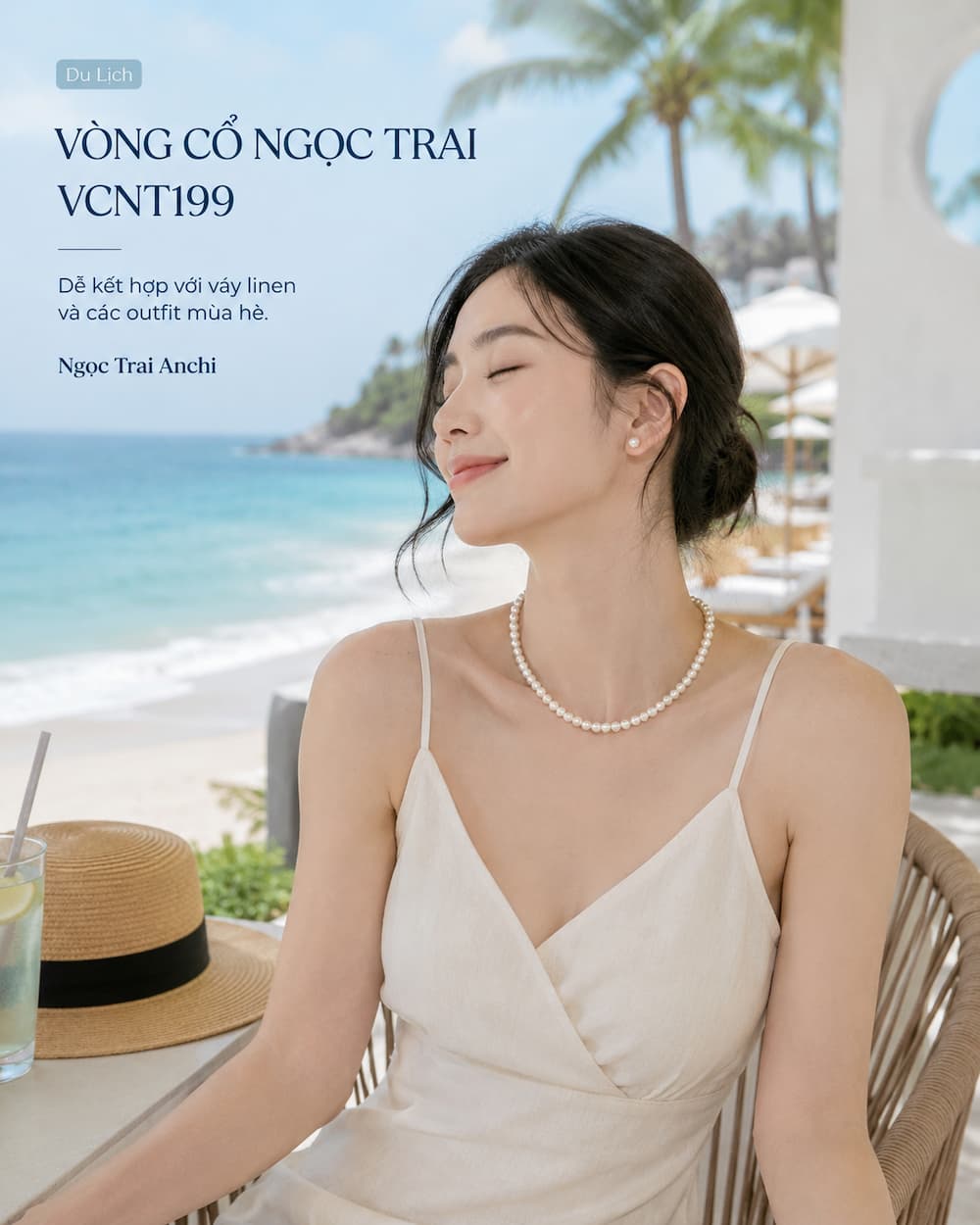 Vòng Cổ Ngọc Trai VCNT199 phối phong cách resort tối giản