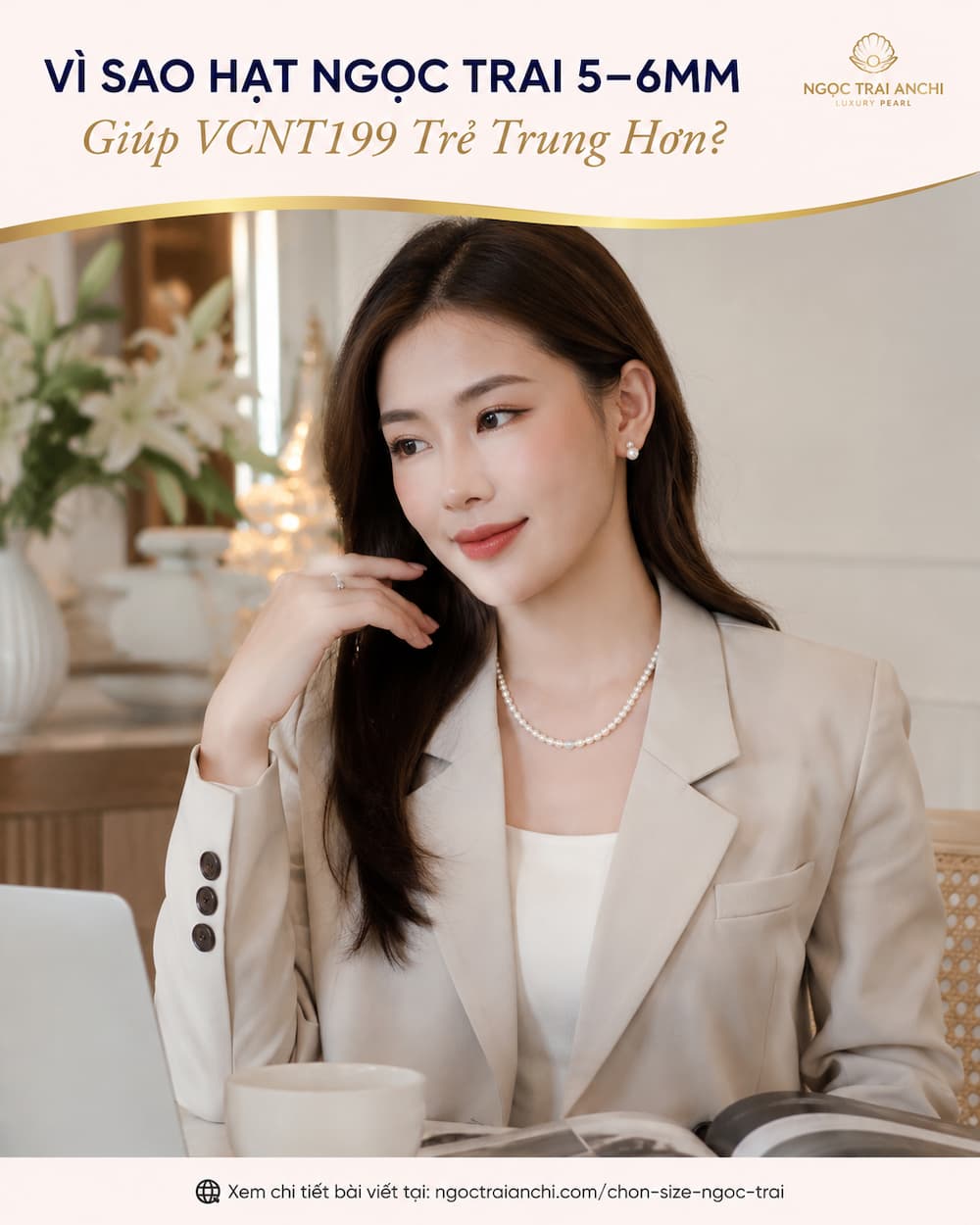 Người mẫu đeo Vòng Cổ Ngọc Trai VCNT199 kích thước 5-6mm trẻ trung và thanh lịch