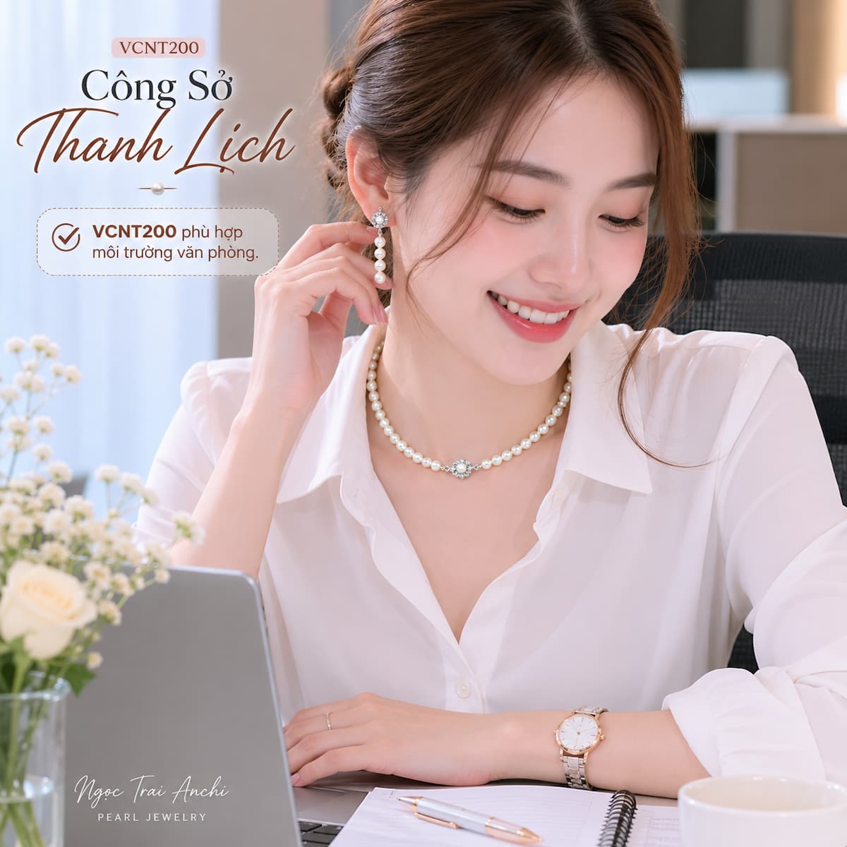 Vòng Cổ Ngọc Trai VCNT200 phối cùng trang phục công sở nữ