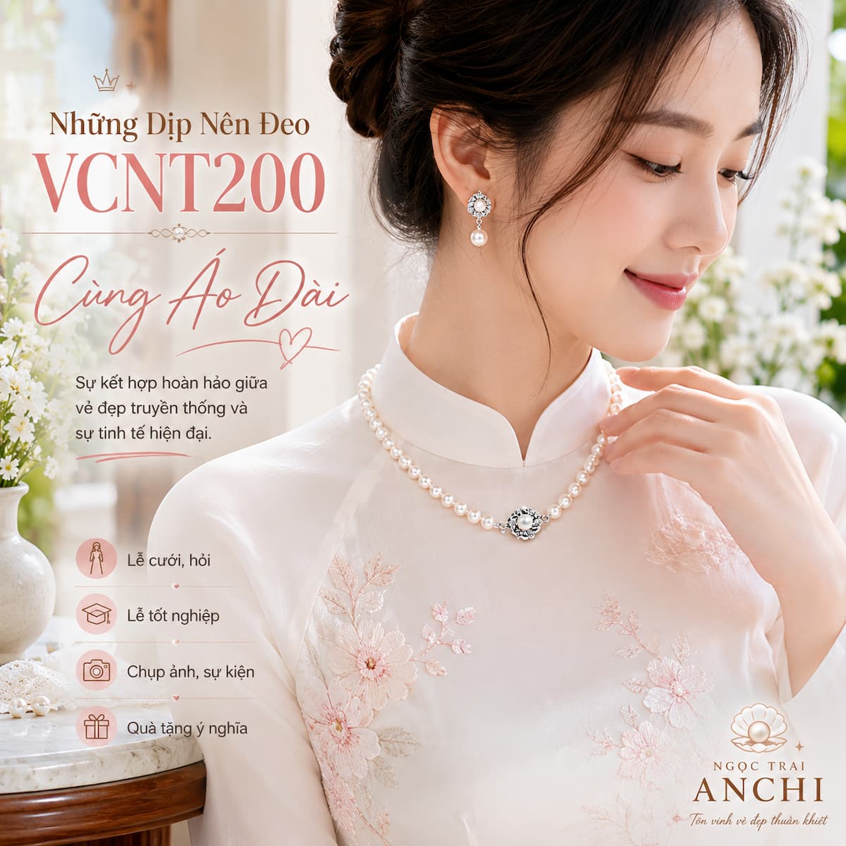 Vòng Cổ Ngọc Trai VCNT200 kết hợp cùng áo dài truyền thống