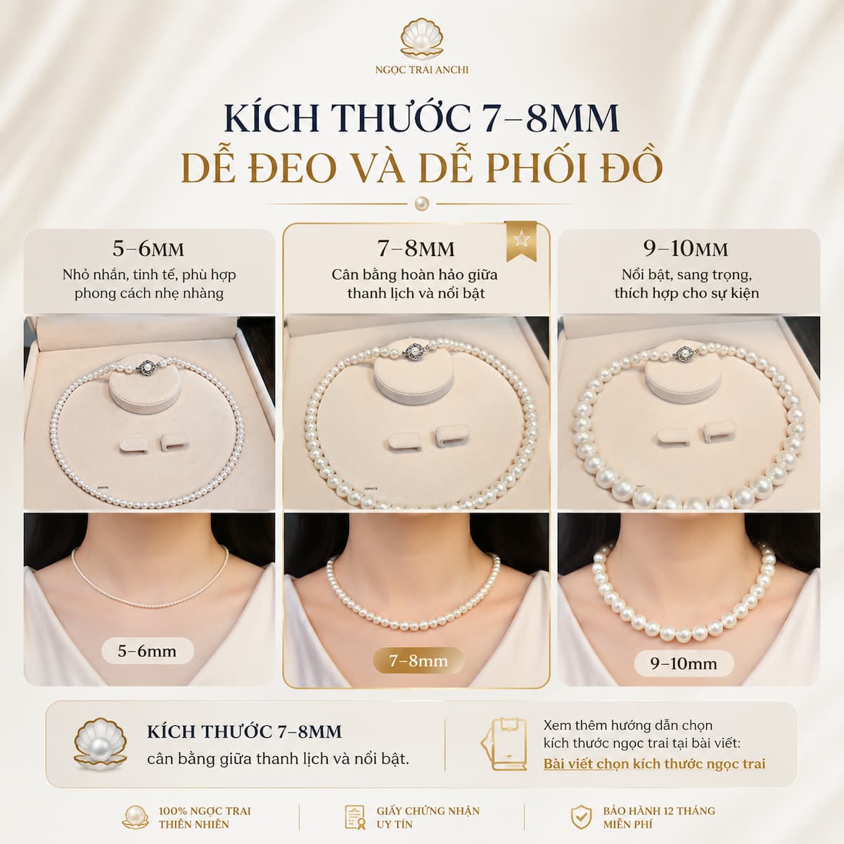 So sánh kích thước ngọc trai 7-8mm của Vòng Cổ Ngọc Trai VCNT200
