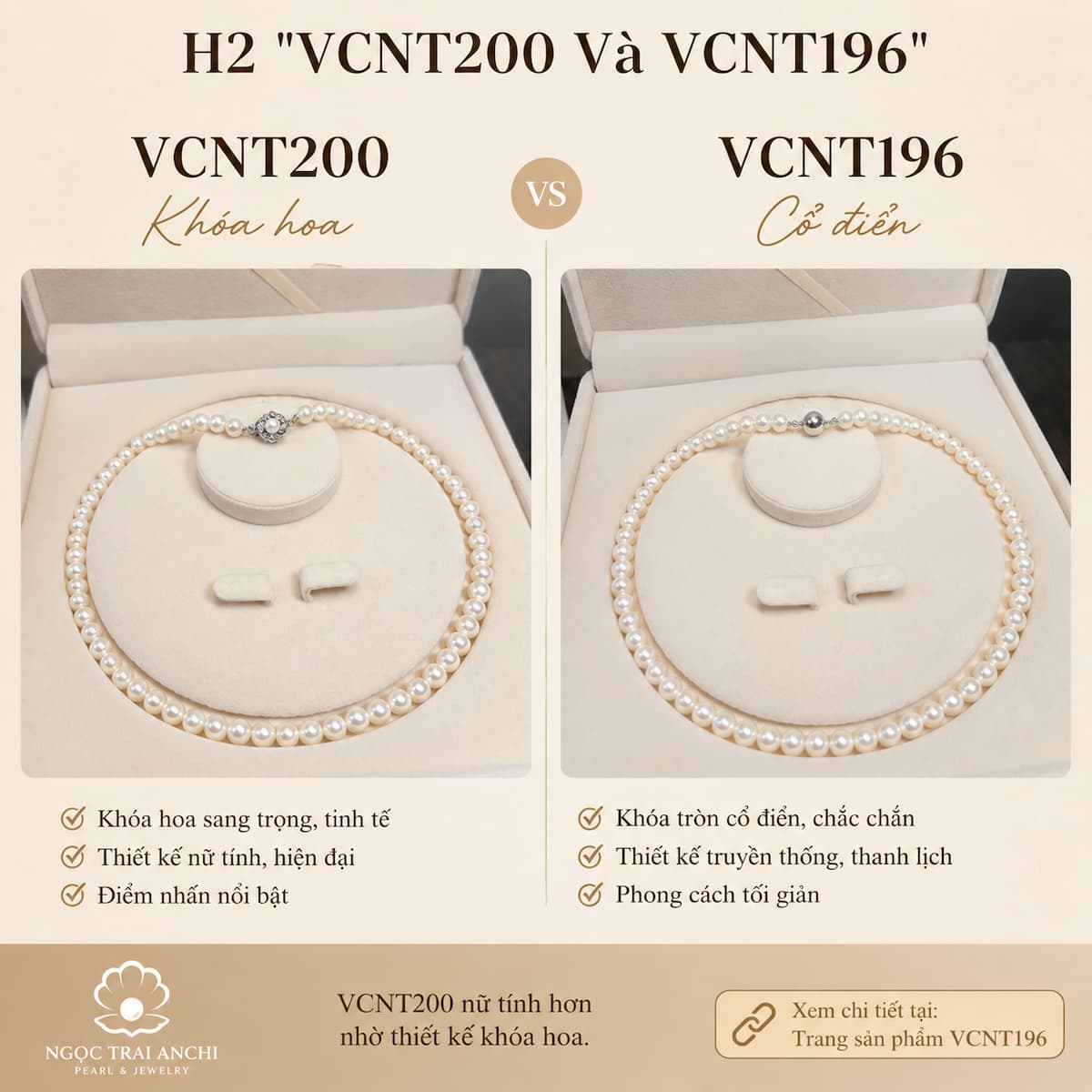 So sánh Vòng Cổ Ngọc Trai VCNT200 khóa hoa và VCNT196 cổ điển