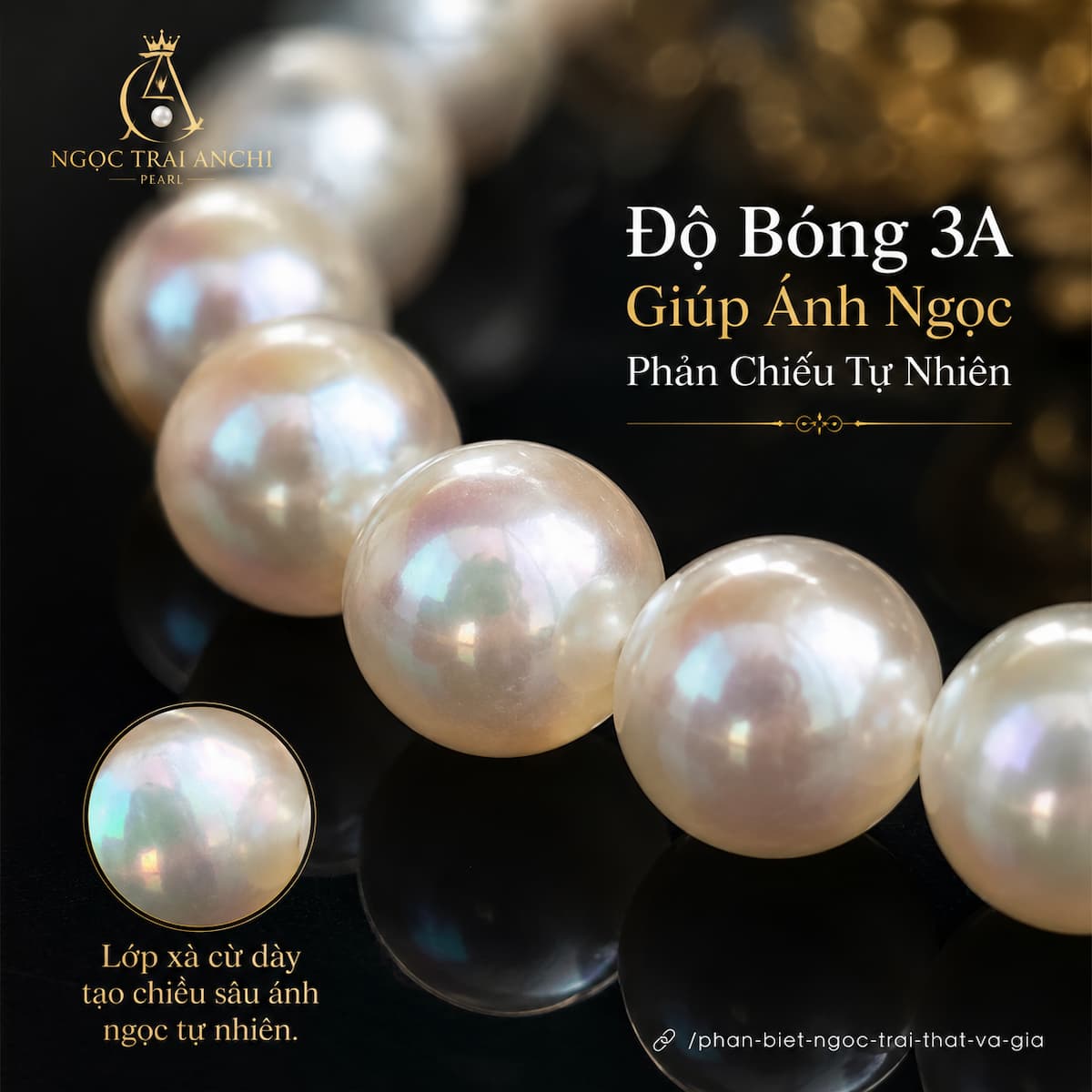 Hiệu ứng ánh xà cừ tự nhiên của Vòng Cổ Ngọc Trai VCNT201 độ bóng 3A