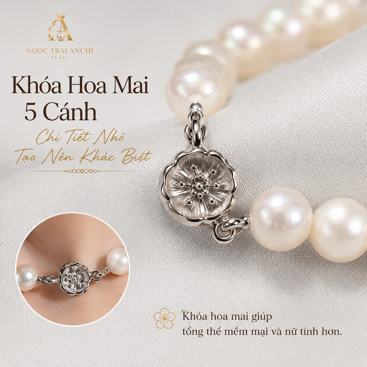 Chi tiết khóa hoa mai 5 cánh của Vòng Cổ Ngọc Trai VCNT201