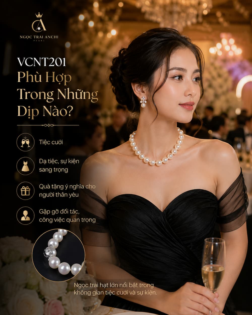 Vòng Cổ Ngọc Trai VCNT201 khi phối cùng váy dự tiệc sang trọng