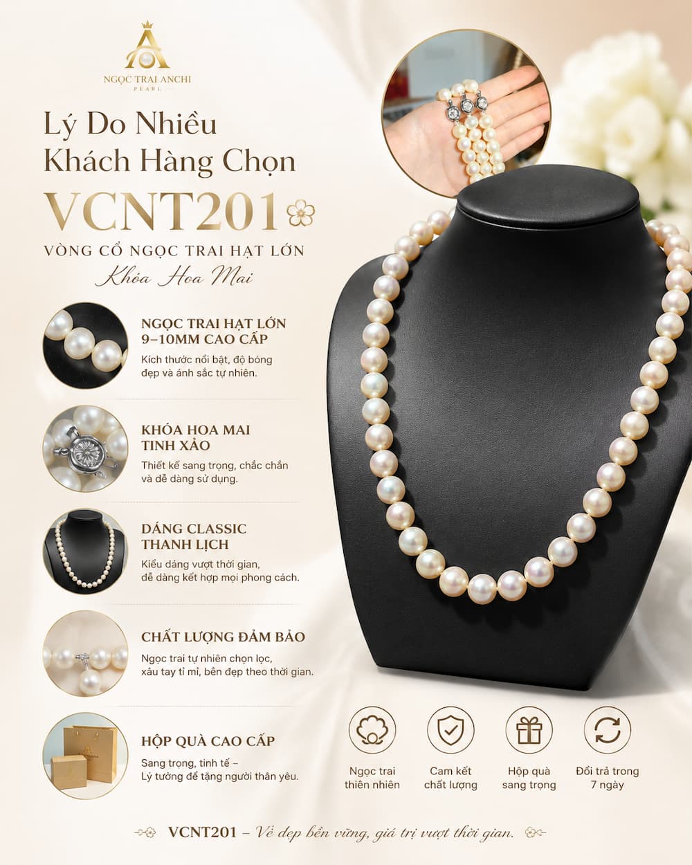Ưu điểm nổi bật của Vòng Cổ Ngọc Trai VCNT201 ngọc trai hạt lớn khóa hoa mai
