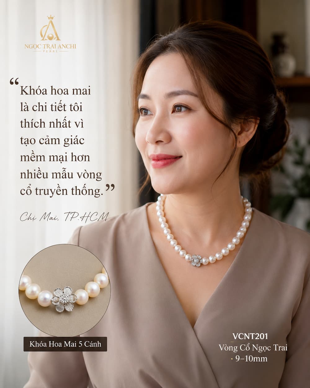 Chị Mai TPHCM đeo Vòng Cổ Ngọc Trai VCNT201 yêu thích thiết kế khóa hoa mai 5 cánh nữ tính