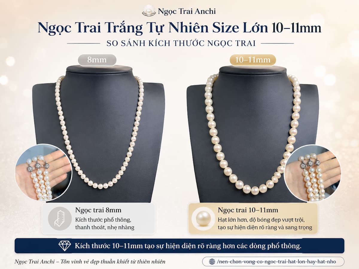 So sánh kích thước ngọc trai của Vòng Cổ Ngọc Trai VCNT201 với dòng 8mm
