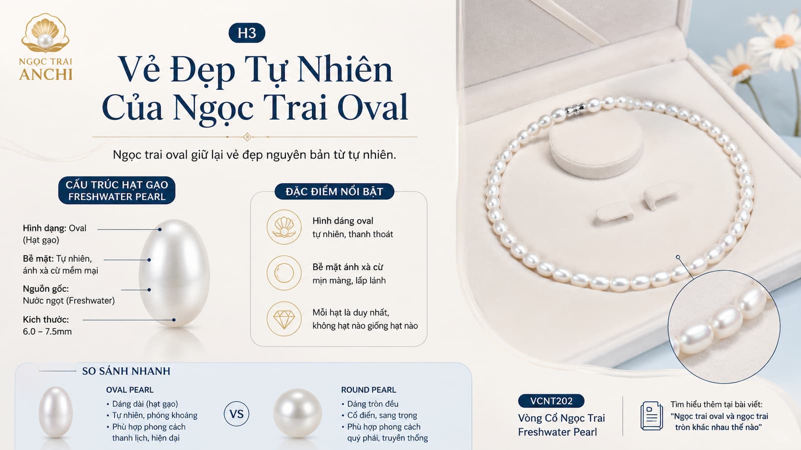 Cấu trúc ngọc trai hạt gạo Freshwater Pearl trên Vòng Cổ Ngọc Trai VCNT202