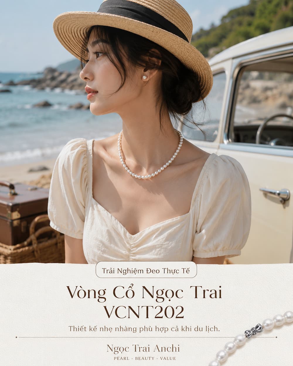 Vòng Cổ Ngọc Trai VCNT202 trong chuyến du lịch phong cách vintage