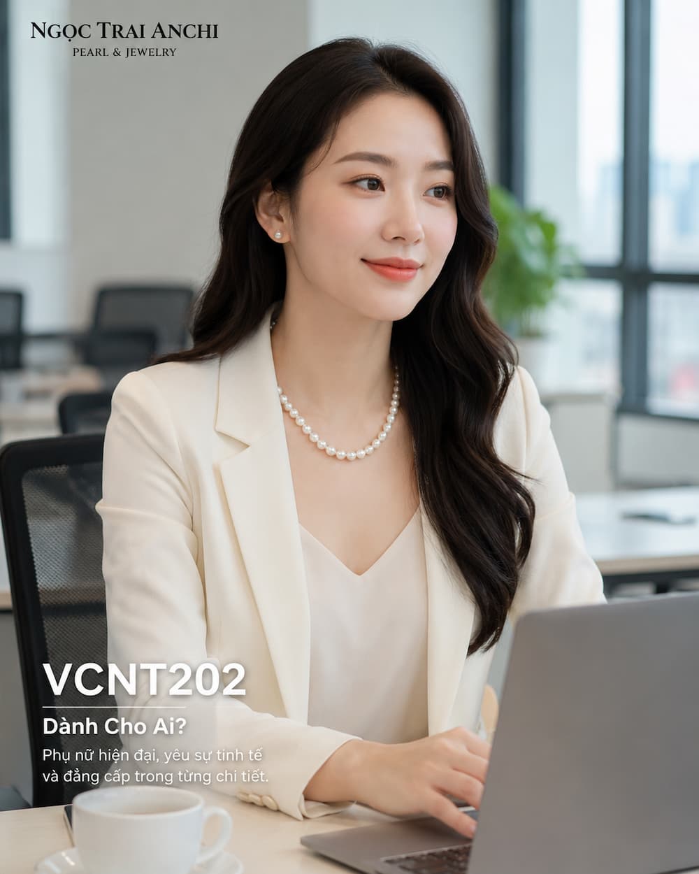 Nữ văn phòng đeo Vòng Cổ Ngọc Trai VCNT202 trong môi trường công sở