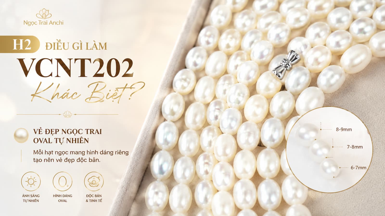 Vẻ đẹp ngọc trai oval tự nhiên trên Vòng Cổ Ngọc Trai VCNT202