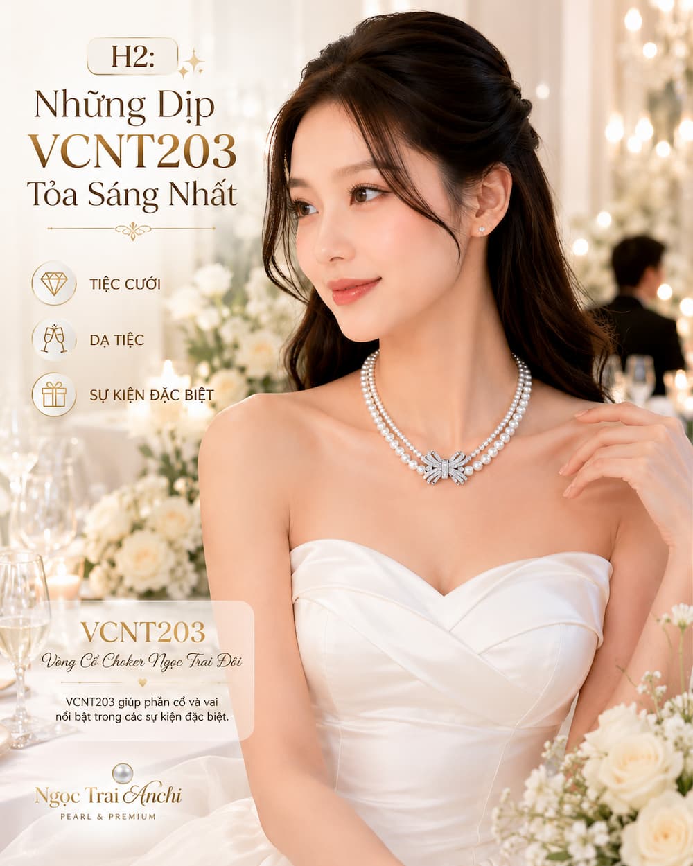 Vòng Cổ Choker Ngọc Trai Đôi VCNT203 phối váy trắng trong tiệc cưới