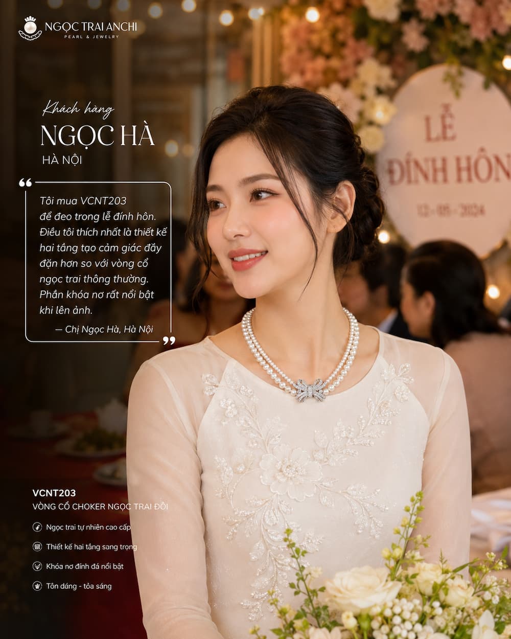Khách hàng Ngọc Hà Hà Nội đeo Vòng Cổ Choker Ngọc Trai Đôi VCNT203 trong lễ đính hôn với thiết kế hai tầng và khóa nơ nổi bật