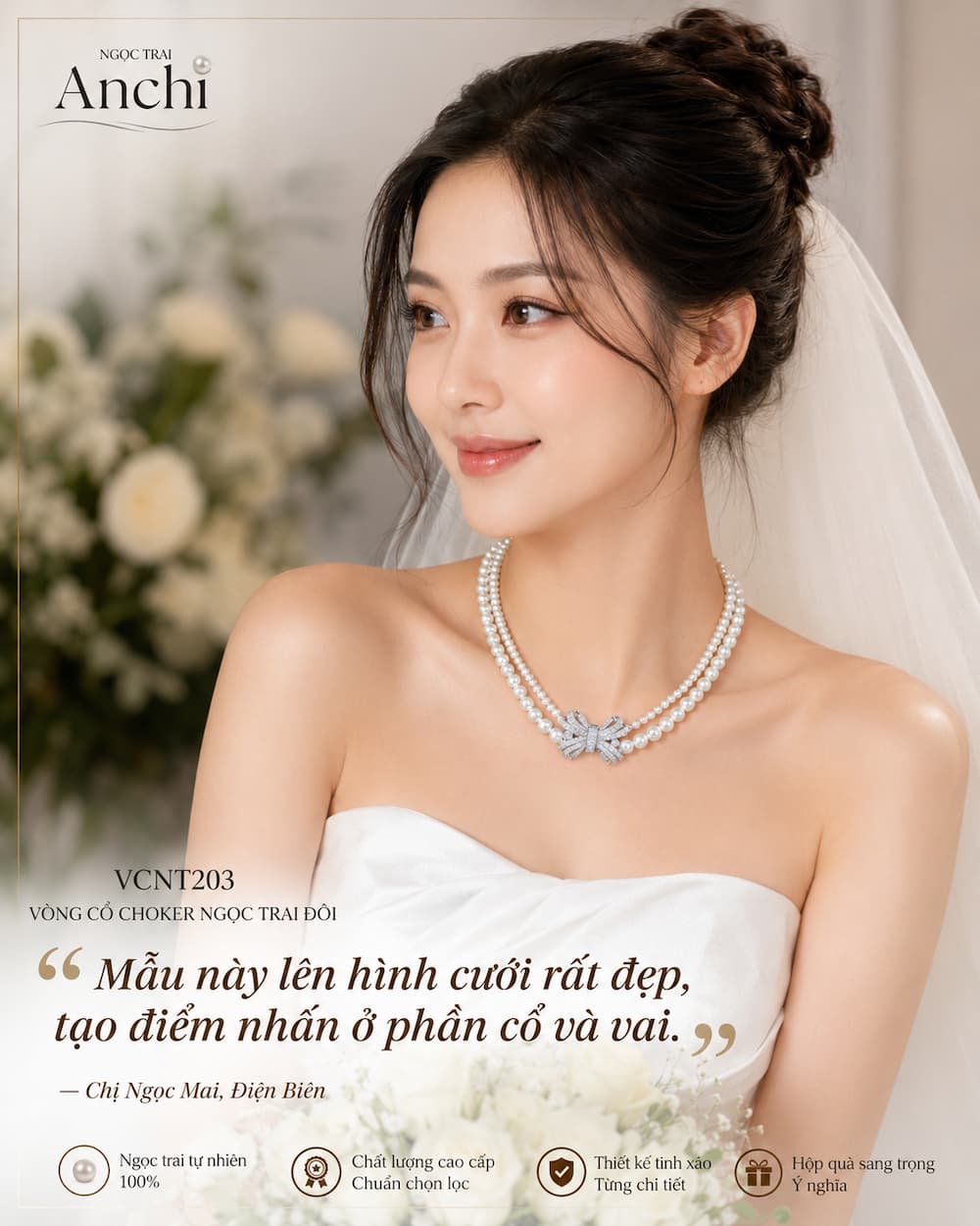 Khách hàng Ngọc Mai Điện Biên đeo Vòng Cổ Choker Ngọc Trai Đôi VCNT203 trong ảnh cưới tạo điểm nhấn vùng cổ và vai