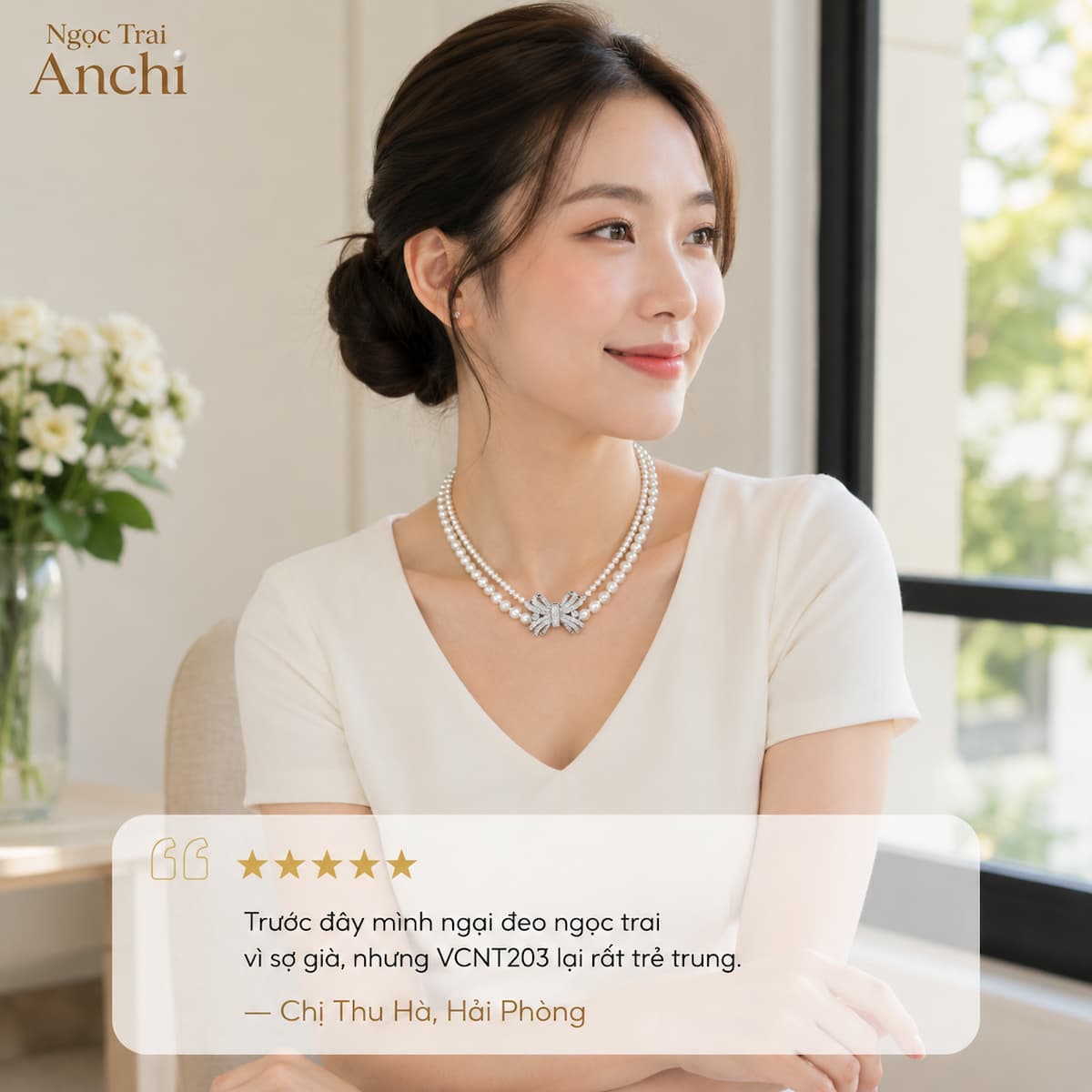 Khách hàng Thu Hà Hải Phòng đeo Vòng Cổ Choker Ngọc Trai Đôi VCNT203 phong cách trẻ trung hiện đại với thiết kế hai tầng khóa nơ