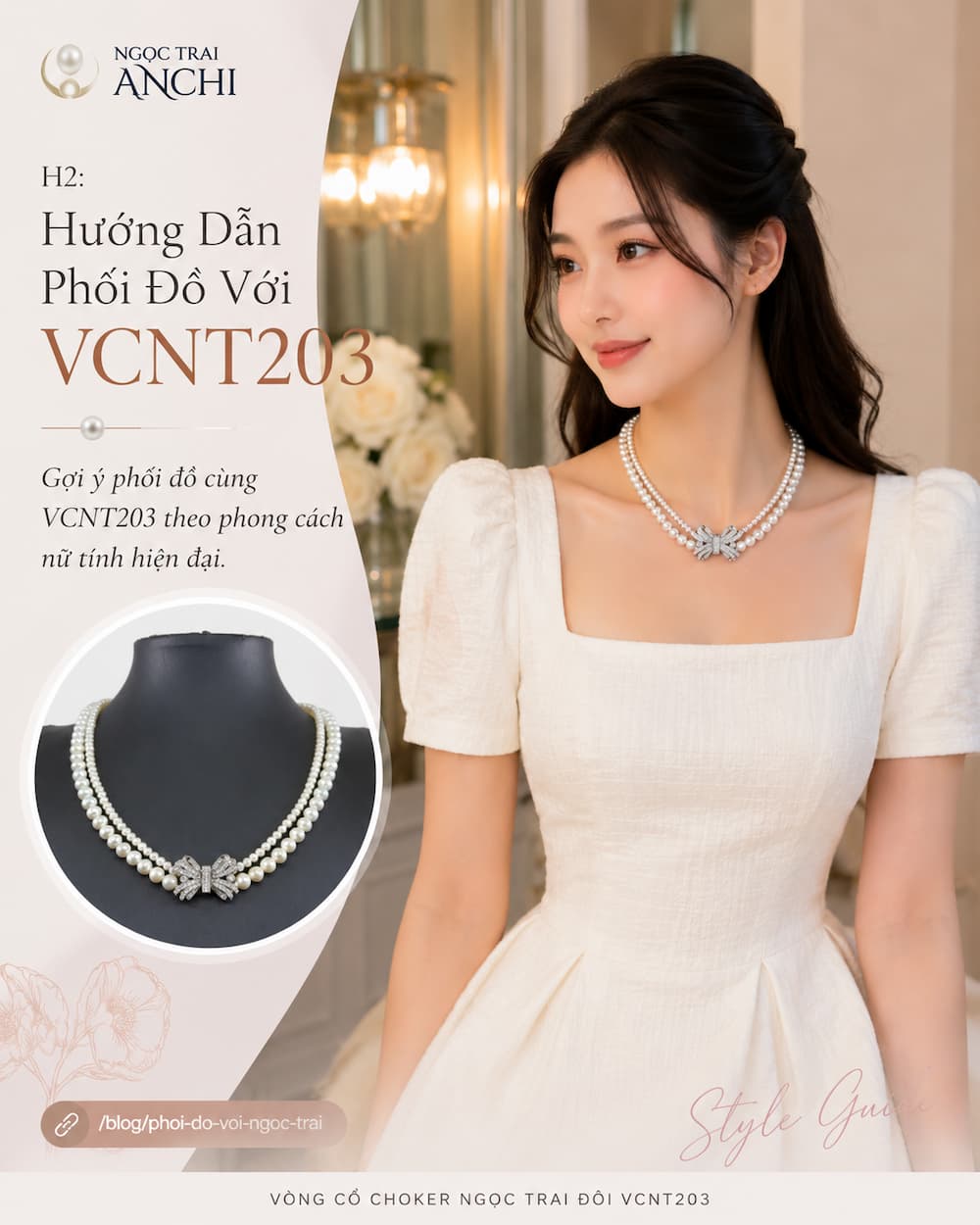 Vòng Cổ Choker Ngọc Trai Đôi VCNT203 phối cùng váy cổ vuông phong cách tiểu thư