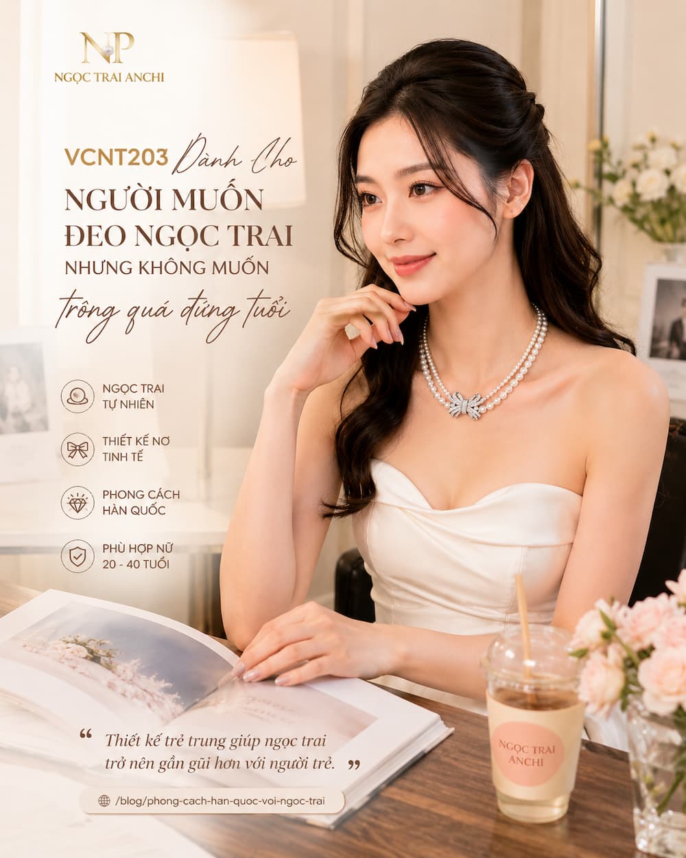Vòng Cổ Choker Ngọc Trai Đôi VCNT203 phong cách Hàn Quốc trẻ trung cho nữ 20 đến 40 tuổi