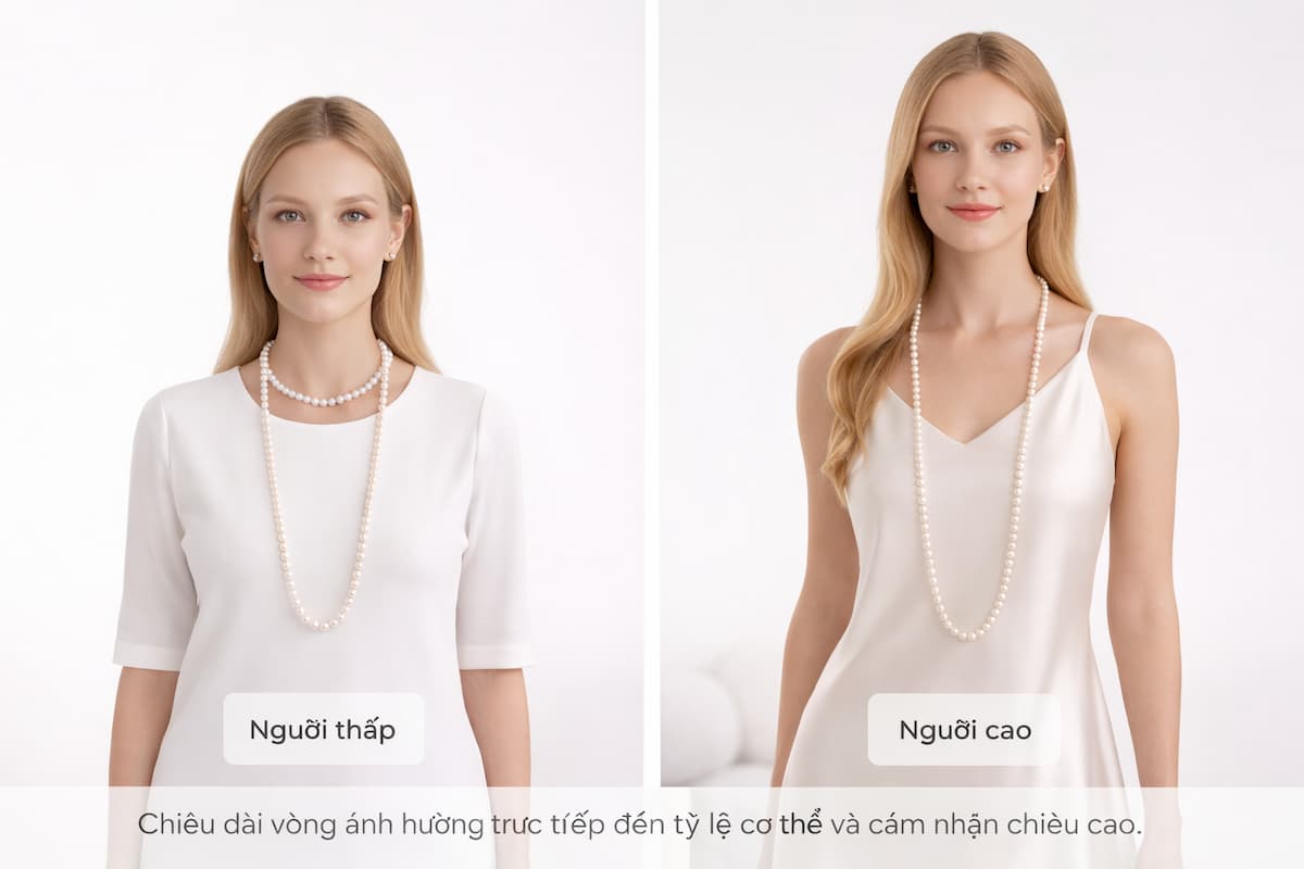 So sánh vòng cổ ngọc trai dài trên người thấp và người cao để chọn chiều dài phù hợp