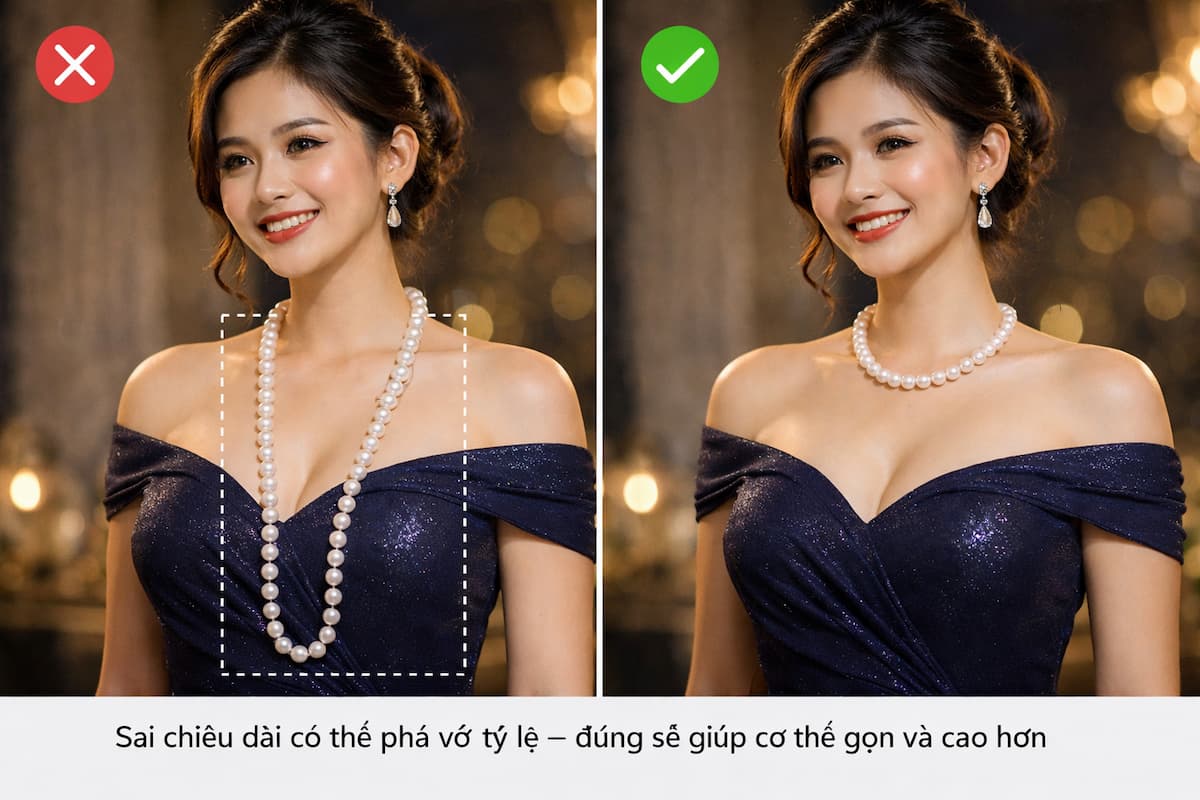 So sánh đeo vòng cổ ngọc trai dài sai và đúng để thấy sự khác biệt về tỷ lệ cơ thể