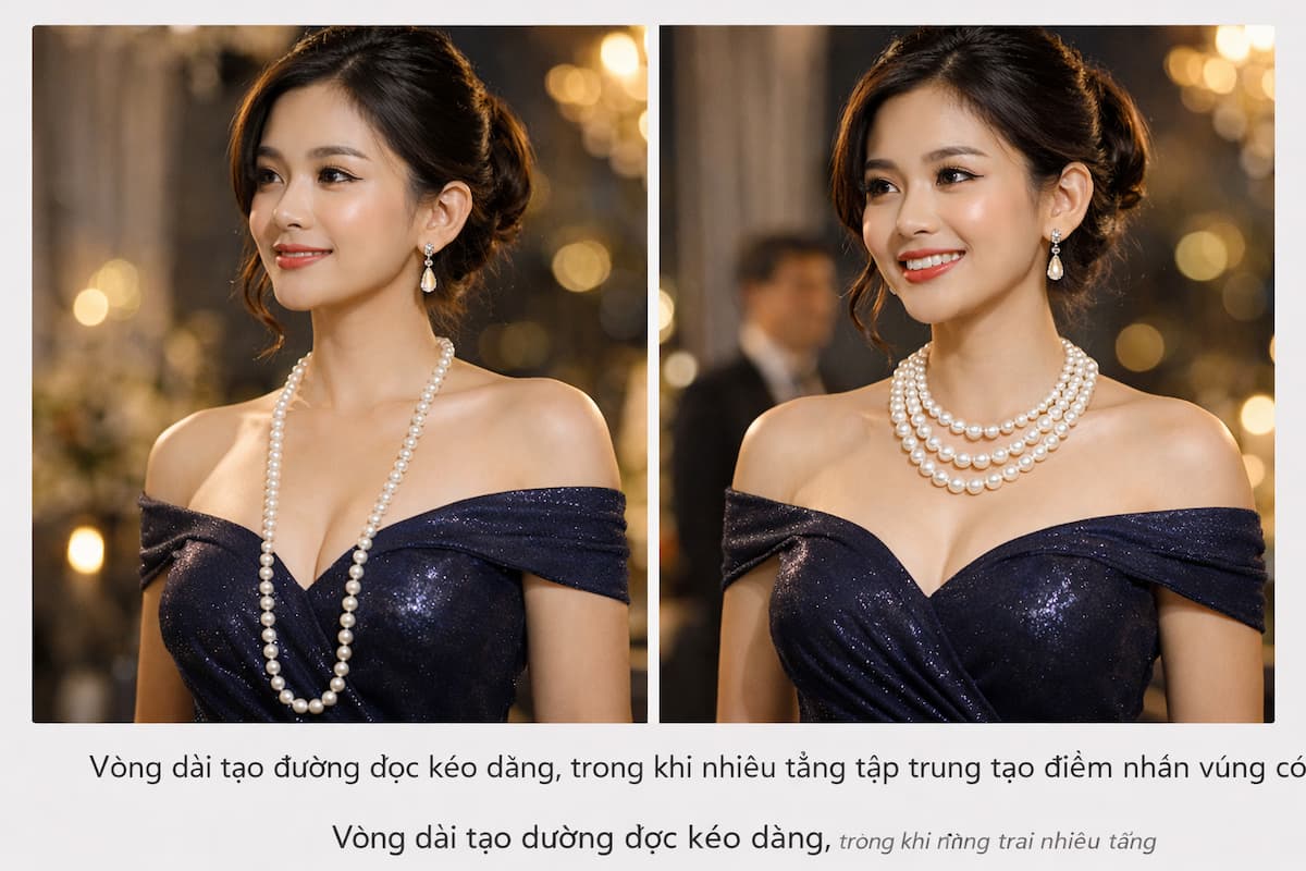 So sánh vòng cổ ngọc trai dài và vòng nhiều tầng về hiệu ứng thị giác và điểm nhấn