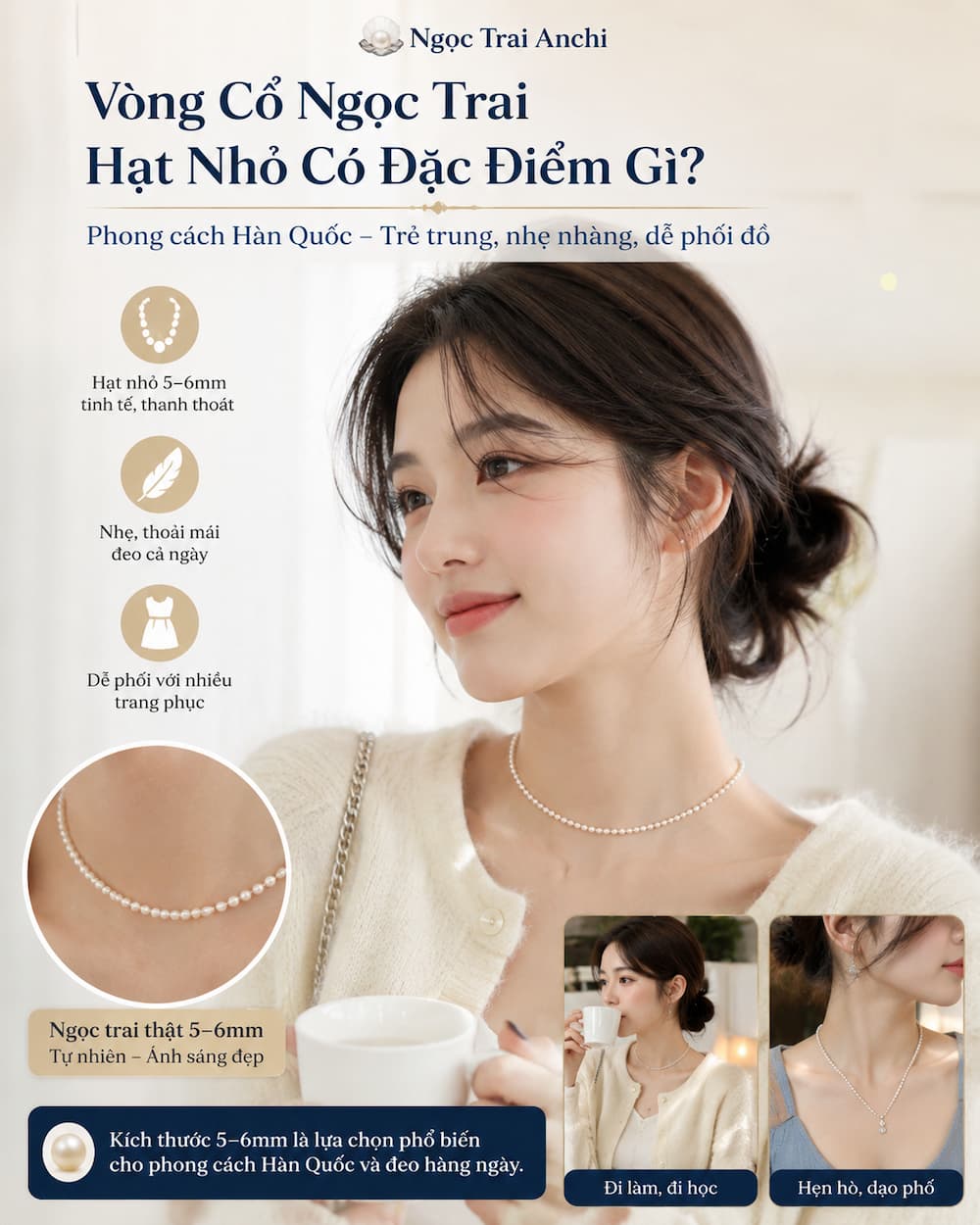 Vòng cổ ngọc trai hạt nhỏ 5–6mm phong cách Hàn Quốc trẻ trung dễ phối đồ