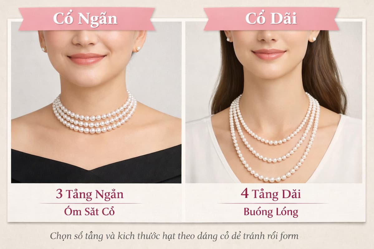 So sánh vòng cổ ngọc trai nhiều tầng phù hợp cổ ngắn và cổ dài