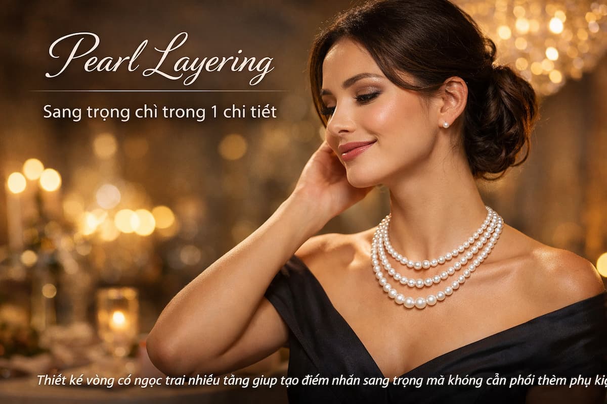 Vòng cổ ngọc trai nhiều tầng đeo thực tế phong cách sang trọng dự tiệc