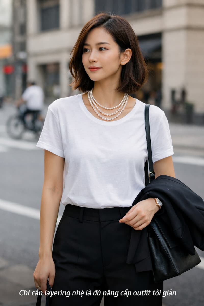 Vòng cổ ngọc trai nhiều tầng phối outfit tối giản hàng ngày tạo điểm nhấn nhẹ nhàng