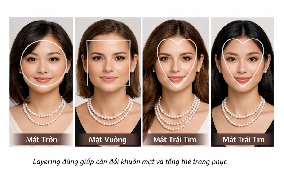 Vòng cổ ngọc trai nhiều tầng phù hợp các khuôn mặt tròn vuông trái tim