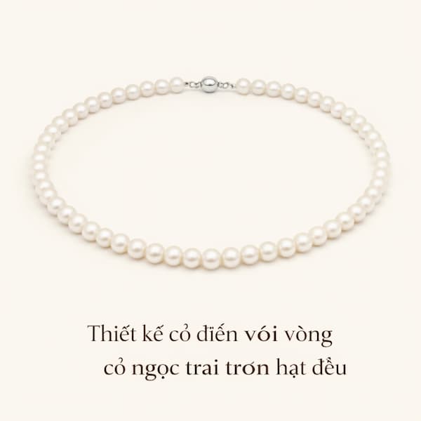 Vòng cổ ngọc trai trơn truyền thống hạt đều phong cách cổ điển