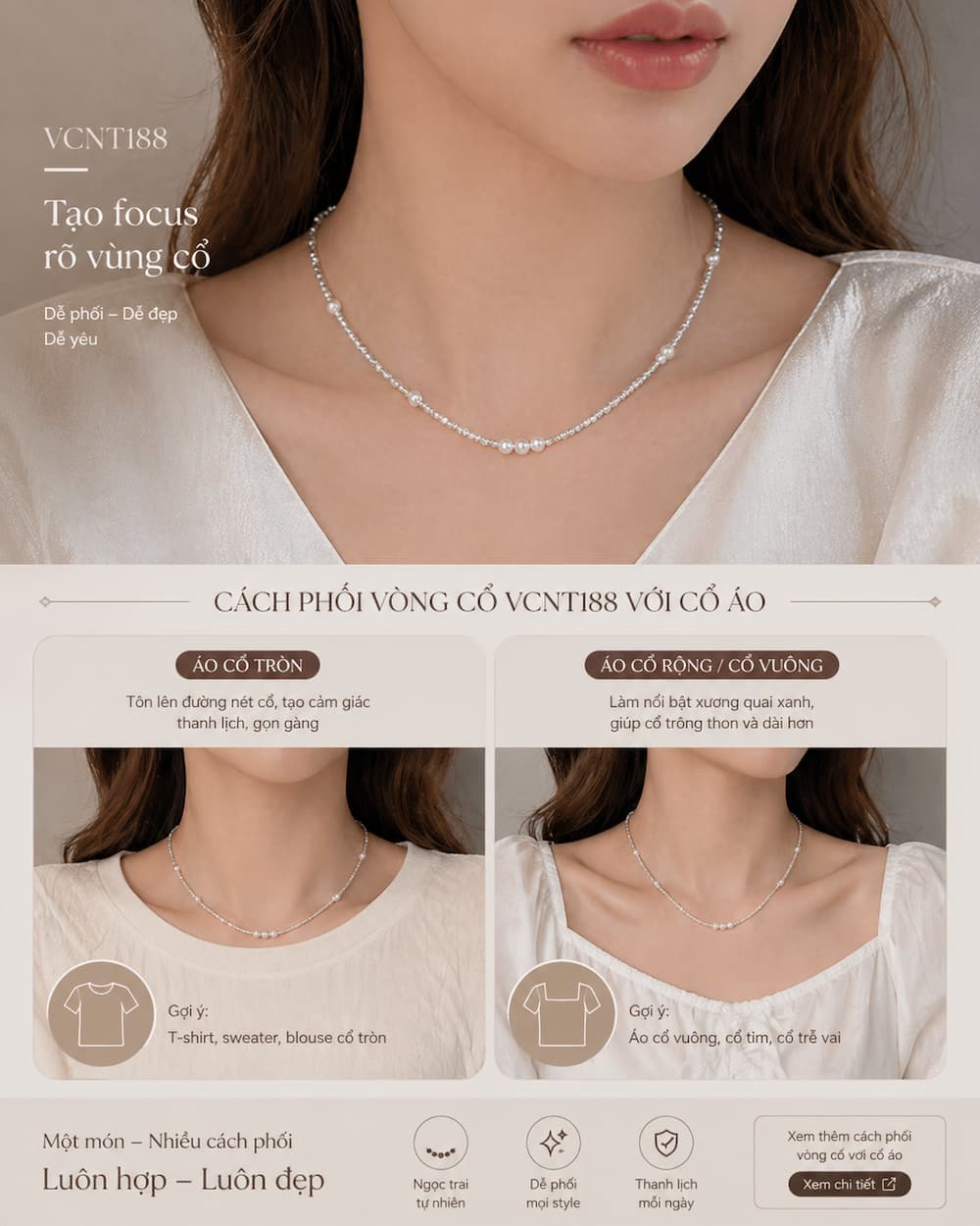 Vòng cổ ngọc trai VCNT188 khi phối với áo cổ tròn và cổ rộng