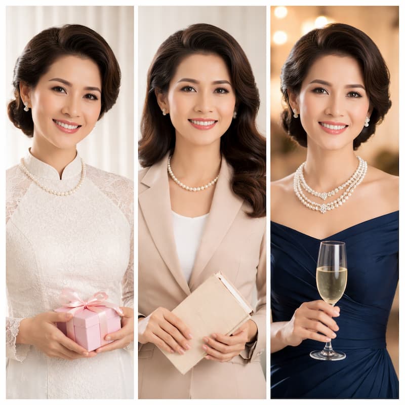 vòng cổ ngọc trai phối với áo dài trang phục công sở và dự tiệc cho mẹ