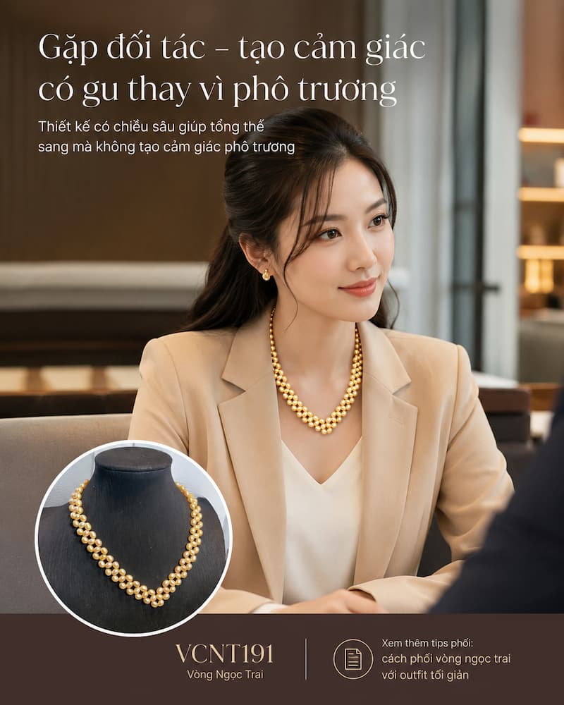 Vòng cổ ngọc trai VCNT191 phối cùng blazer cổ V trong môi trường semi-formal
