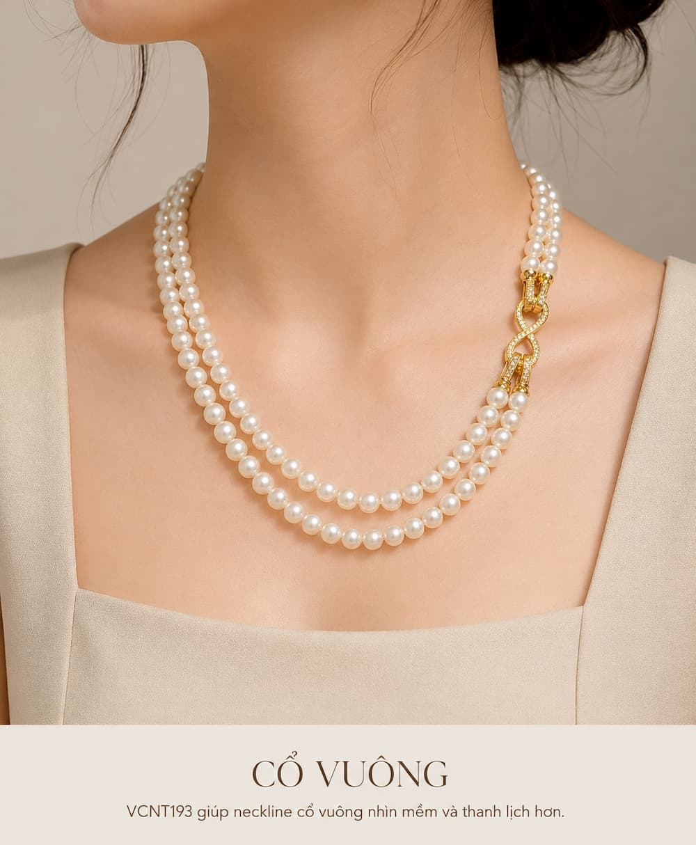 Vòng cổ ngọc trai VCNT193 phối outfit cổ vuông phong cách quiet luxury