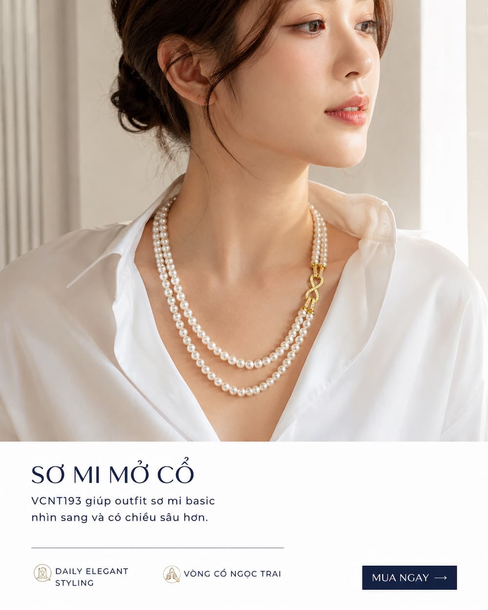 Vòng cổ ngọc trai VCNT193 phối sơ mi mở cổ phong cách daily elegant