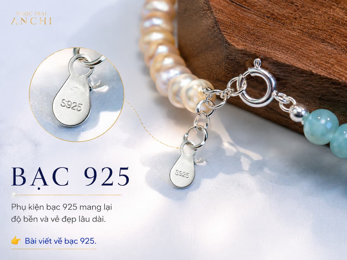 Chi tiết bạc 925 trên Vòng Tay Ngọc Trai Phối Đá Lam Ngọc VTNT62