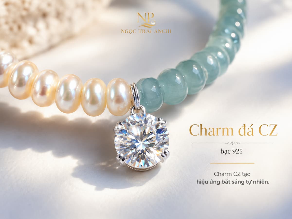 Charm đá CZ bạc 925 của Vòng Tay Ngọc Trai Phối Đá Lam Ngọc VTNT62