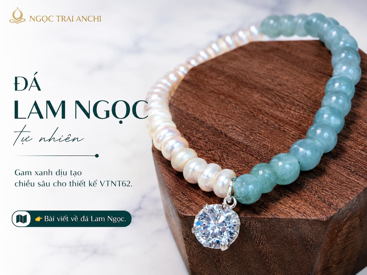 Đá Lam Ngọc tự nhiên trên Vòng Tay Ngọc Trai Phối Đá Lam Ngọc VTNT62