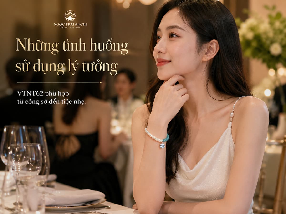 Vòng Tay Ngọc Trai Phối Đá Lam Ngọc VTNT62 trong trang phục dự tiệc