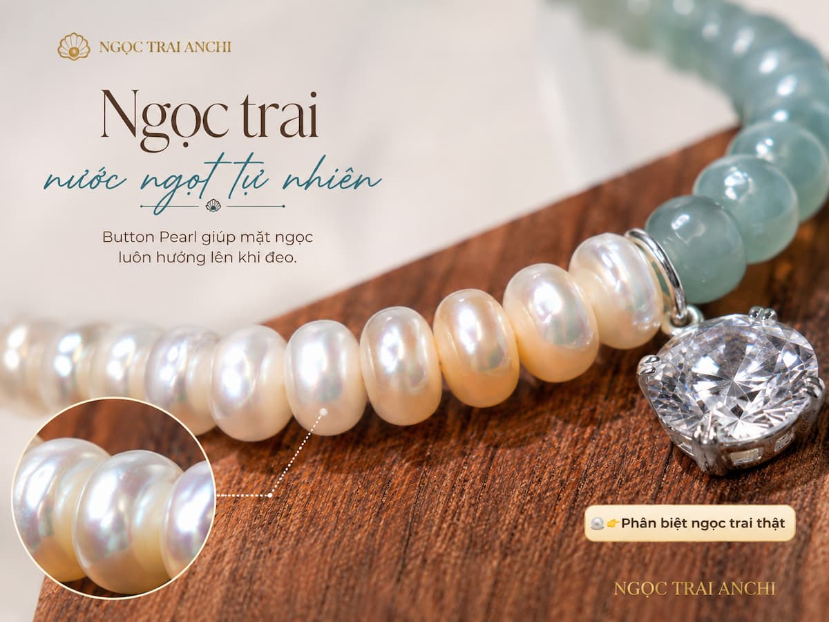 Ngọc trai Button Pearl trên Vòng Tay Ngọc Trai Phối Đá Lam Ngọc VTNT62