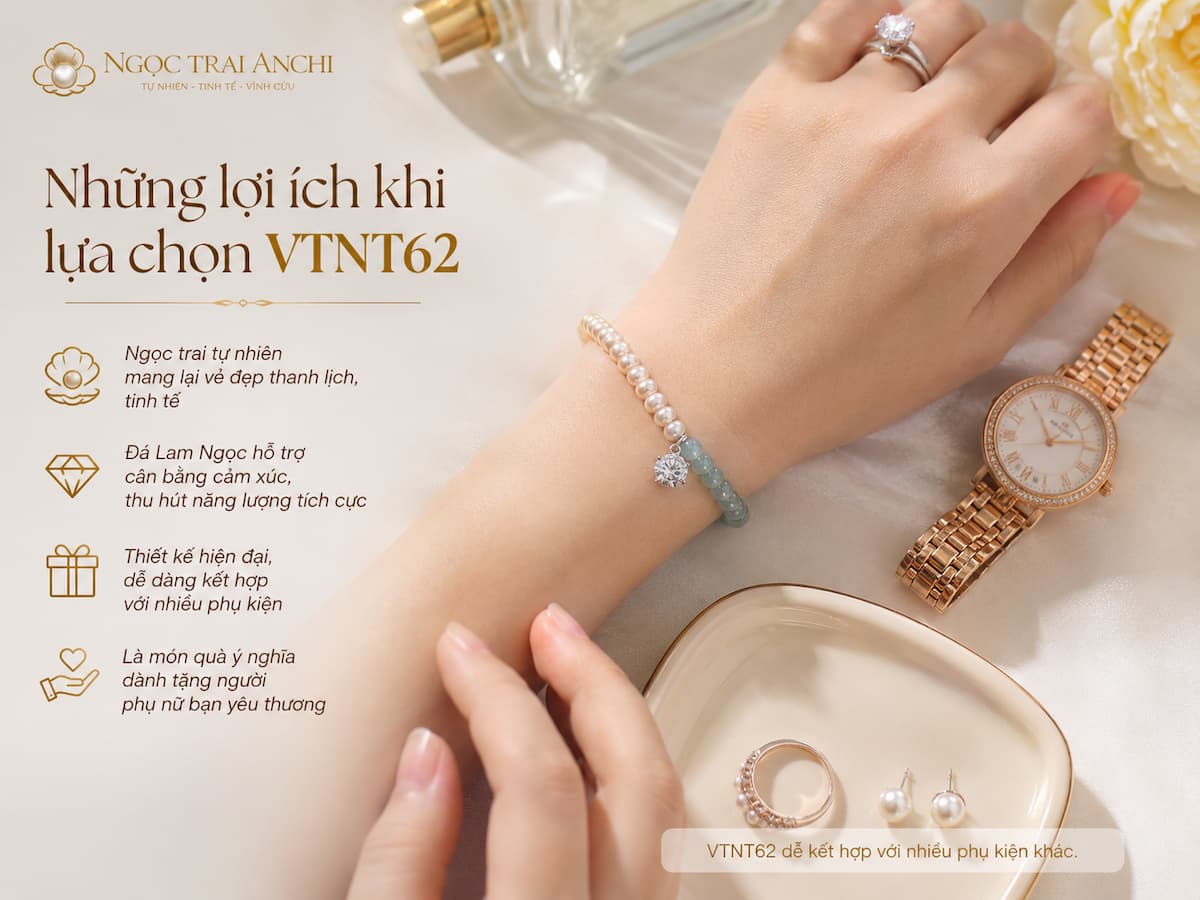 Vòng Tay Ngọc Trai Phối Đá Lam Ngọc VTNT62 phối cùng nhẫn và đồng hồ