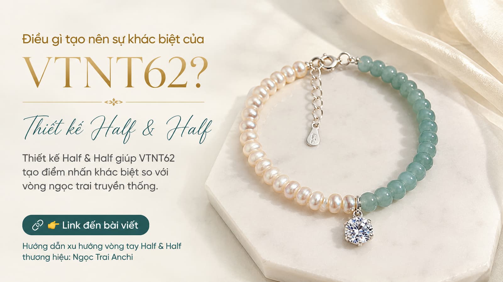 Thiết kế Half & Half của Vòng Tay Ngọc Trai Phối Đá Lam Ngọc VTNT62 kết hợp ngọc trai và đá Lam Ngọc
