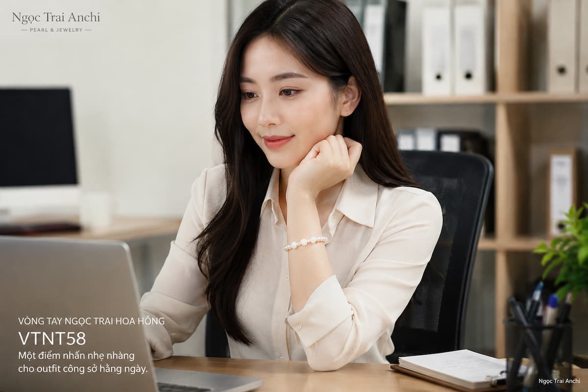 Nhân viên văn phòng sử dụng Vòng Tay Ngọc Trai Hoa Hồng VTNT58 trong môi trường công sở