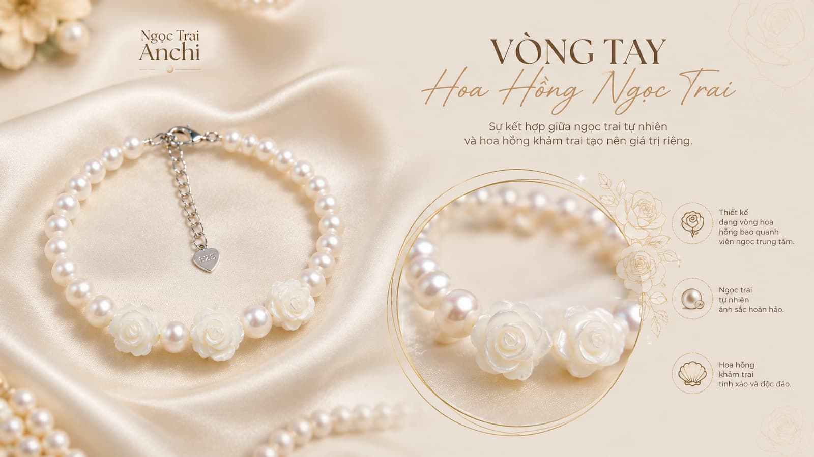 Feature Graphic Vòng Tay Ngọc Trai Hoa Hồng VTNT58 Romantic Floral Pearl Jewelry